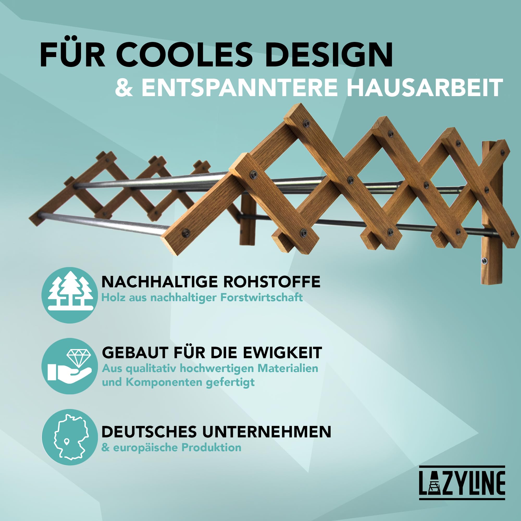 LAZYLINE® Wäscheständer Metall schwarz/Thermo-Esche zur Wandmontage [wasserabweisend] platzsparend 5m Länge für Badewanne Balkon draußen/Herrendiener Kleiderständer klein