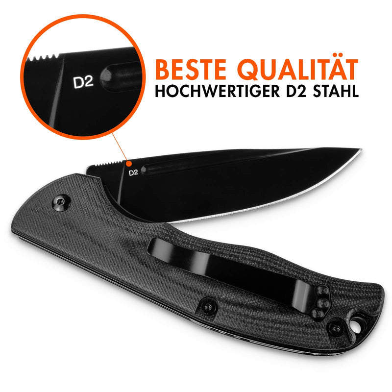 Wolfgangs RAVUS Zweihandmesser Klappmesser aus feinstem D2 Stahl - Legales Taschenmesser Klappmesser - Rebustes Outdoor Messer Survival - Klappmesser Outdoor inkl. Kydex Holster (Komplett Schwarz)