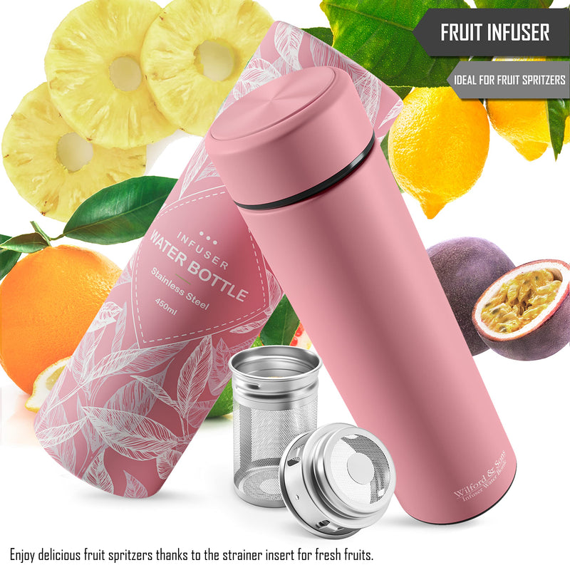 Thermosflasche + Tee/Früchte Sieb-INFUSER - Isolierte Edelstahl Thermo Teeflasche, BPA frei | Trinkflasche + Teesieb/Fruchteinsatz, 450ml To-Go Thermobecher Thermoskanne: Büro Sport Schule, Flasche