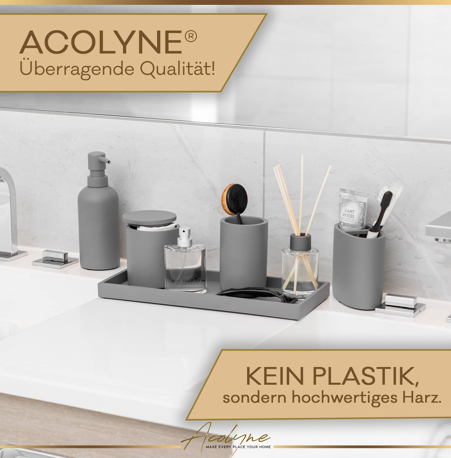 𝐀𝐜𝐨𝐥𝐲𝐧𝐞® Premium 5-teiliges Badezimmer Set aus [Hochwertigem Harz] als Bad Accessoires | Seifenspender Set oder Badezimmer Organizer | Zahnputzbecher | Bad Zubehör