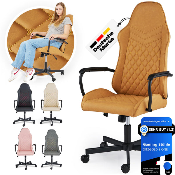 SITZGOLD S ONE Gaming Stuhl Braun - Gamingstuhl [ergonomisch & bequem] - Gamerstuhl mit maximaler Bewegungsfreiheit - Schreibtischstuhl Gamer Stuhl Gaming Sessel PC Stuhl Gaming Chair Computerstuhl