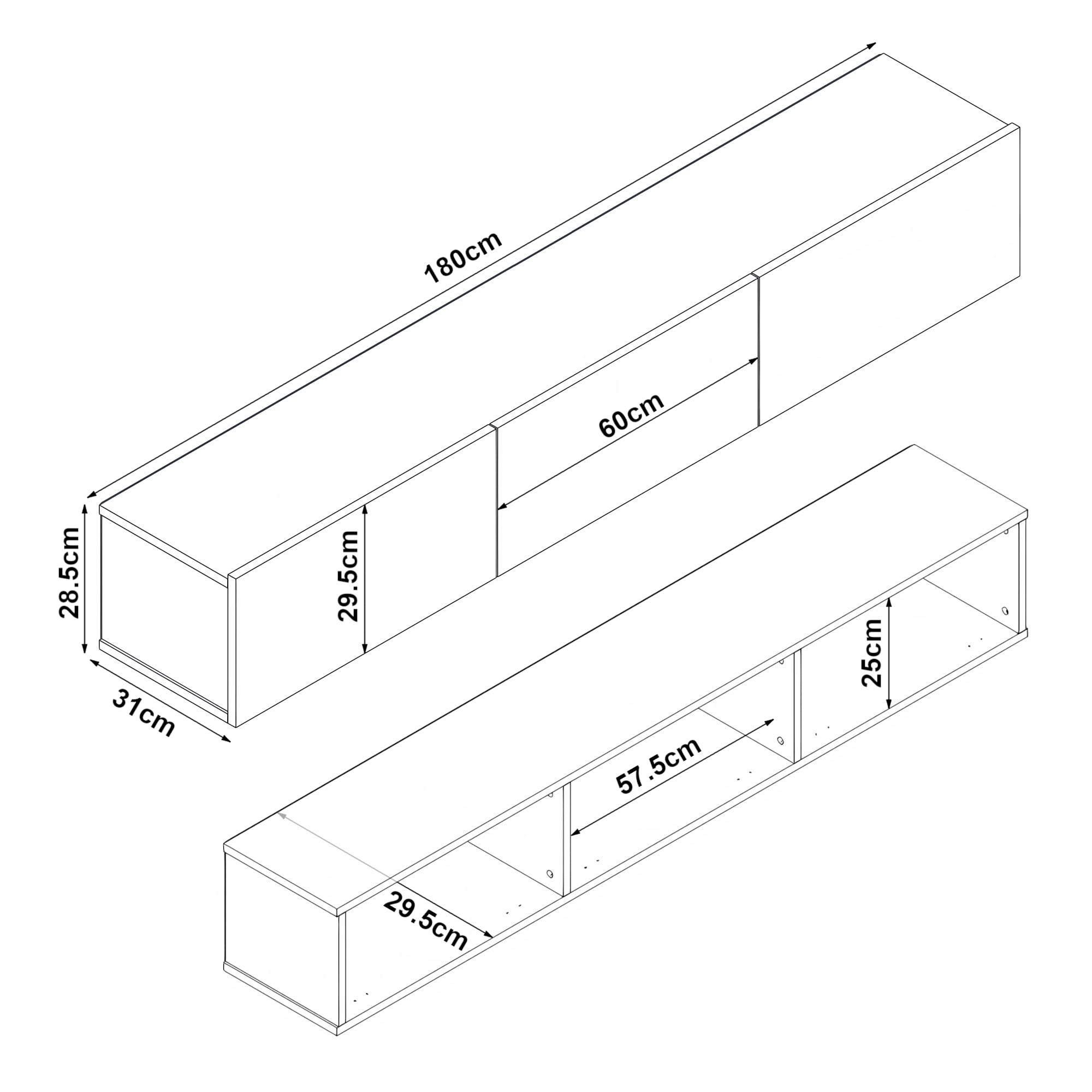 [en.casa] Fernsehschrank Vihti mit 3 Staufächern Lowboard 180x31x29,5cm Hängeboard schwebend Eiche, schwarz