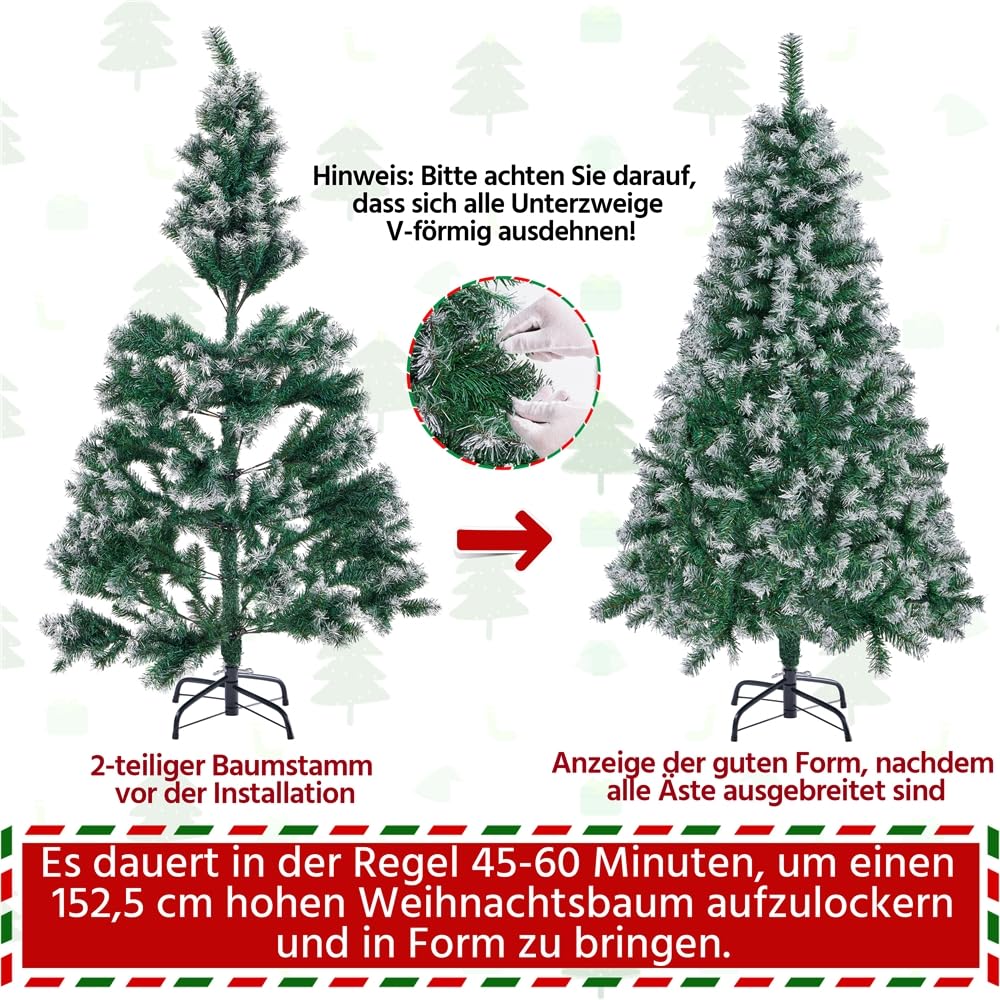 Yaheetech 152,5cm Künstlicher Weihnachtsbaum mit Schnee, Christbaum mit ca.450 Spitzen & Schnellaufbau Klappsystem, Schwer Entflammbarer Tannenbaum inkl. Metall Ständer für Weihnachten