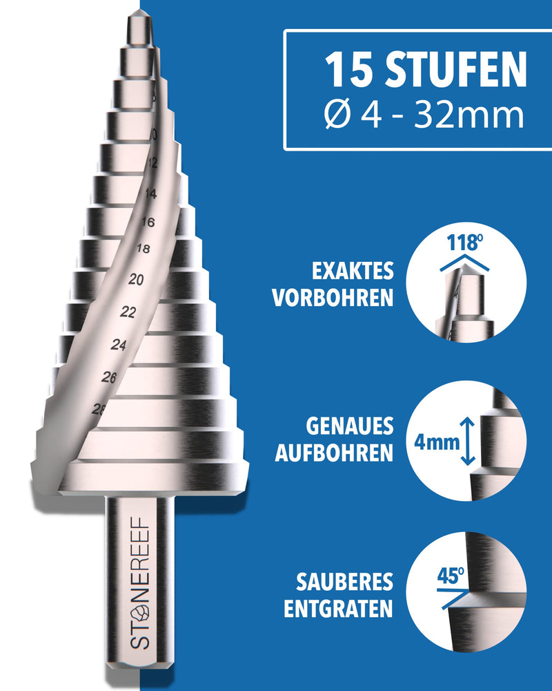 STONE REEF Stufenbohrer Profi aus HSS Stahl - [15 Stufen | Ø 4-32mm] - Kegelbohrer, Schälbohrer, Metall, Lochbohrer, Blechbohrer, Kunststoffbohrer, Lochfräser, Fräsbohrer, Lochschneider