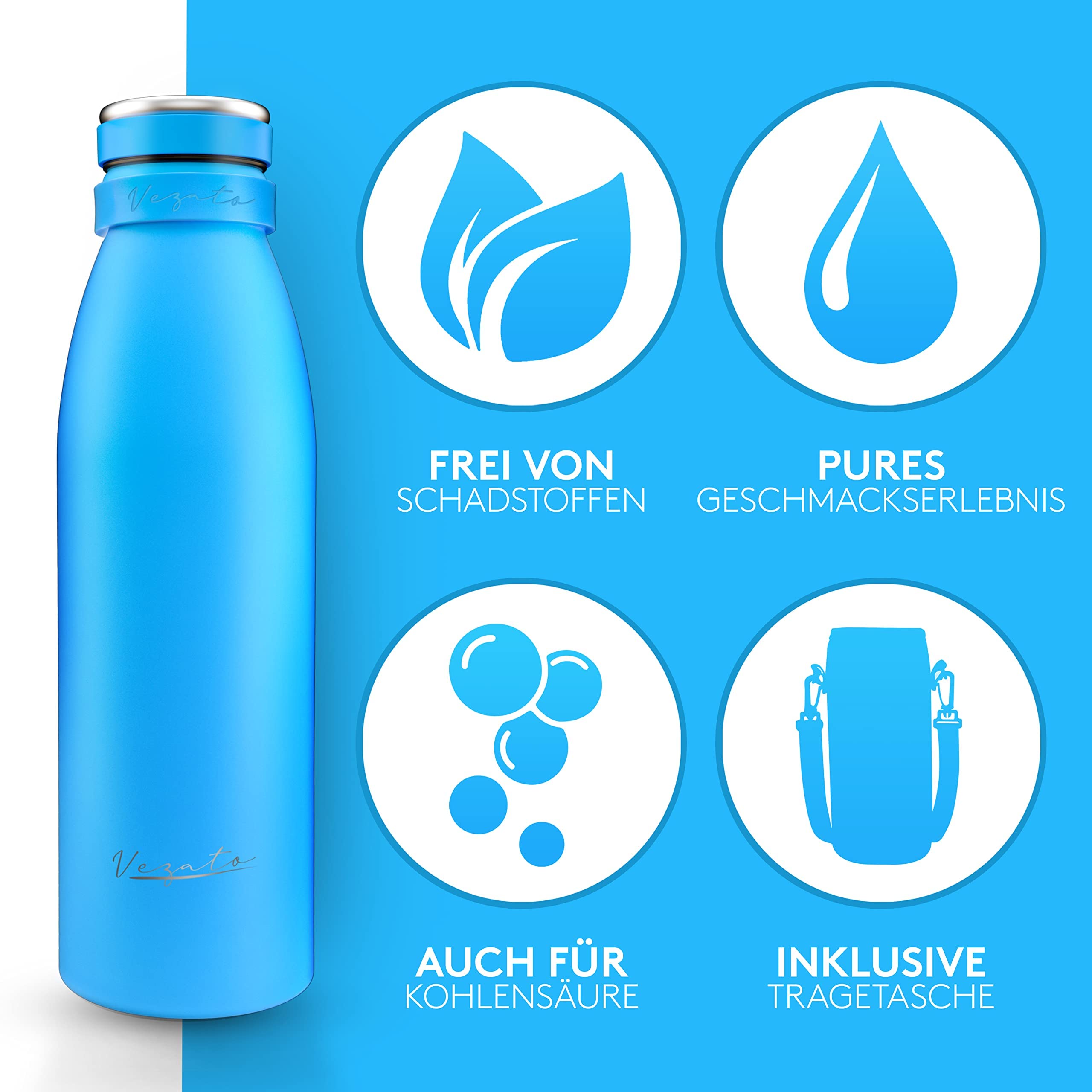 Vezato Trinkflasche Edelstahl - BPA-freie Isolierflasche 1 Liter - Auslaufsichere Wasserflasche mit doppelter Isolierung - Thermosflasche spülmaschinenfest - Für Kohlensäure geeignet - Nachhaltig