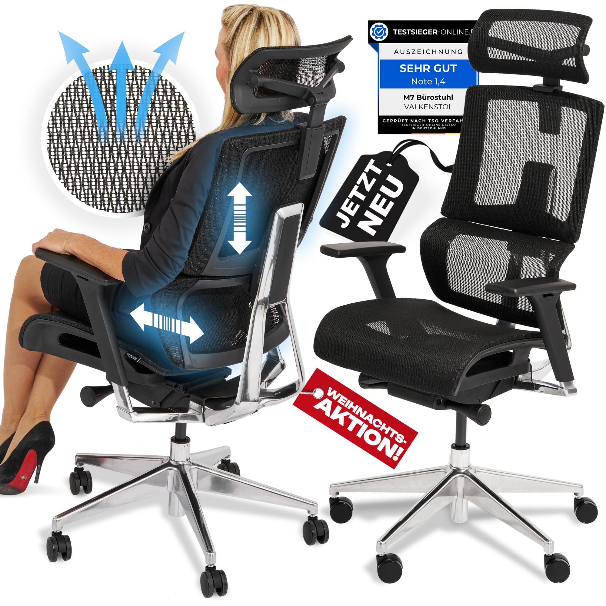 VALKENSTOL M7 Ergonomischer Bürostuhl [Adaptive Lordosenstütze] Chefsessel Bürostuhl Ergonomisch als Home Office Chair Ergonomic Chair Bürostühle Schreibtisch Stuhl Desk Chair