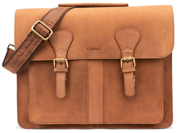 Leabags Leder Aktentasche Herren & Damen I Echtleder Laptoptasche bis 15 Zoll I Umhängetasche mit Schultergurt I Schultertasche I Messenger Bag I Arbeitstasche I Lehrertasche I Nature Hellbraun