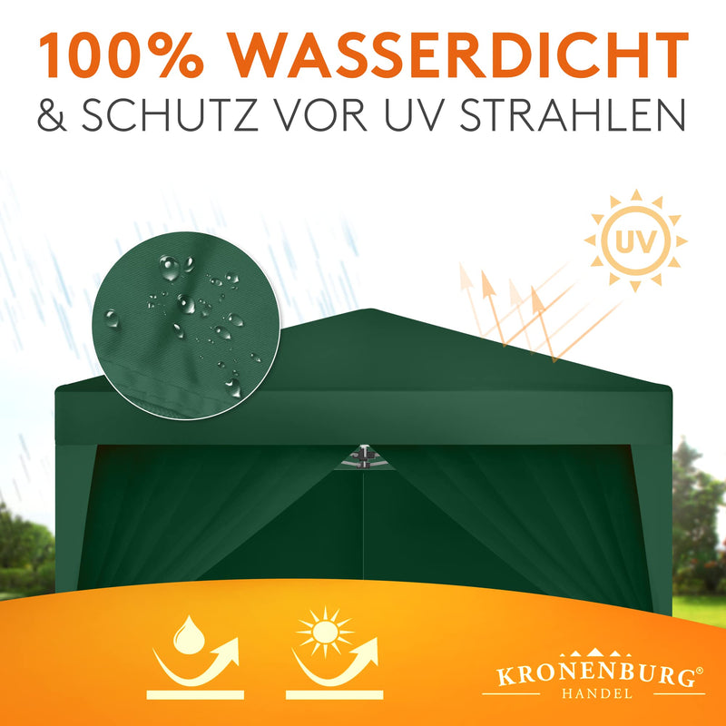 Kronenburg Faltpavillon wasserdicht Dachmaß 2 x 2 m UV Schutz 50+ Pavillon in Grün mit 4 Seitenteilen