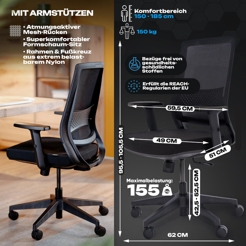 VALKENSTOL M2 Ergonomischer Bürostuhl 150 kg ohne Kopfstütze Schwarz Schreibtischstuhl Bürostuhl Ergonomisch Bürostühle Ergonomic Office Chair