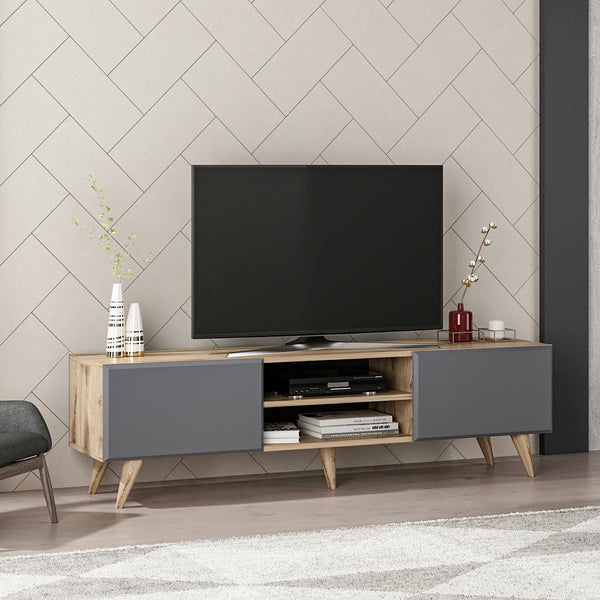 [en.casa] TV Schrank Grindsted Lowboard mit 2 Fächern Fernsehtisch mit Stauraum Wohnzimmer Eiche-Optik Anthrazit TV Board