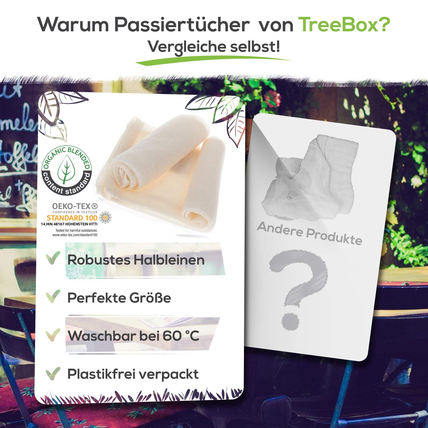 TreeBox Passiertuch - Reißfestes Käsetuch aus Bio-Baumwolle und Leinen - Besonders Fein - Passiertuch Wiederverwendbar - Waschbar - Cheesecloth - Perfekt für Saft und Suppe - 2 Stück