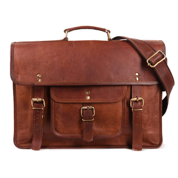 Leather Lane 'Samuel' Schultertasche Echtes Leder 16 Zoll Vintage Messenger Bag Aktentasche Business Tasche Unitasche Laptoptasche Umhängetasche Naturleder Dunkel Braun