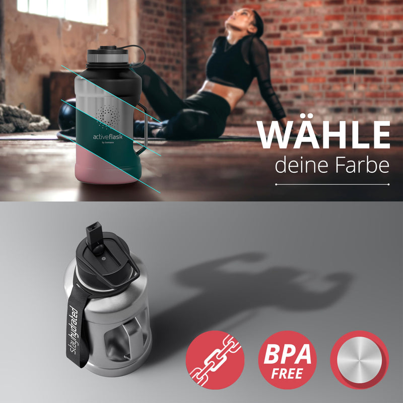 Trinkflasche Edelstahl ACTIVE FLASK + Strohhalm (3 Deckel) | Große 1,3/2,2 Liter Sportflasche BPA-frei Auslaufsicher Kohlensäure geeignet, 2l XL Wasserflasche Sport Outdoor Fitness Wasser Flasche