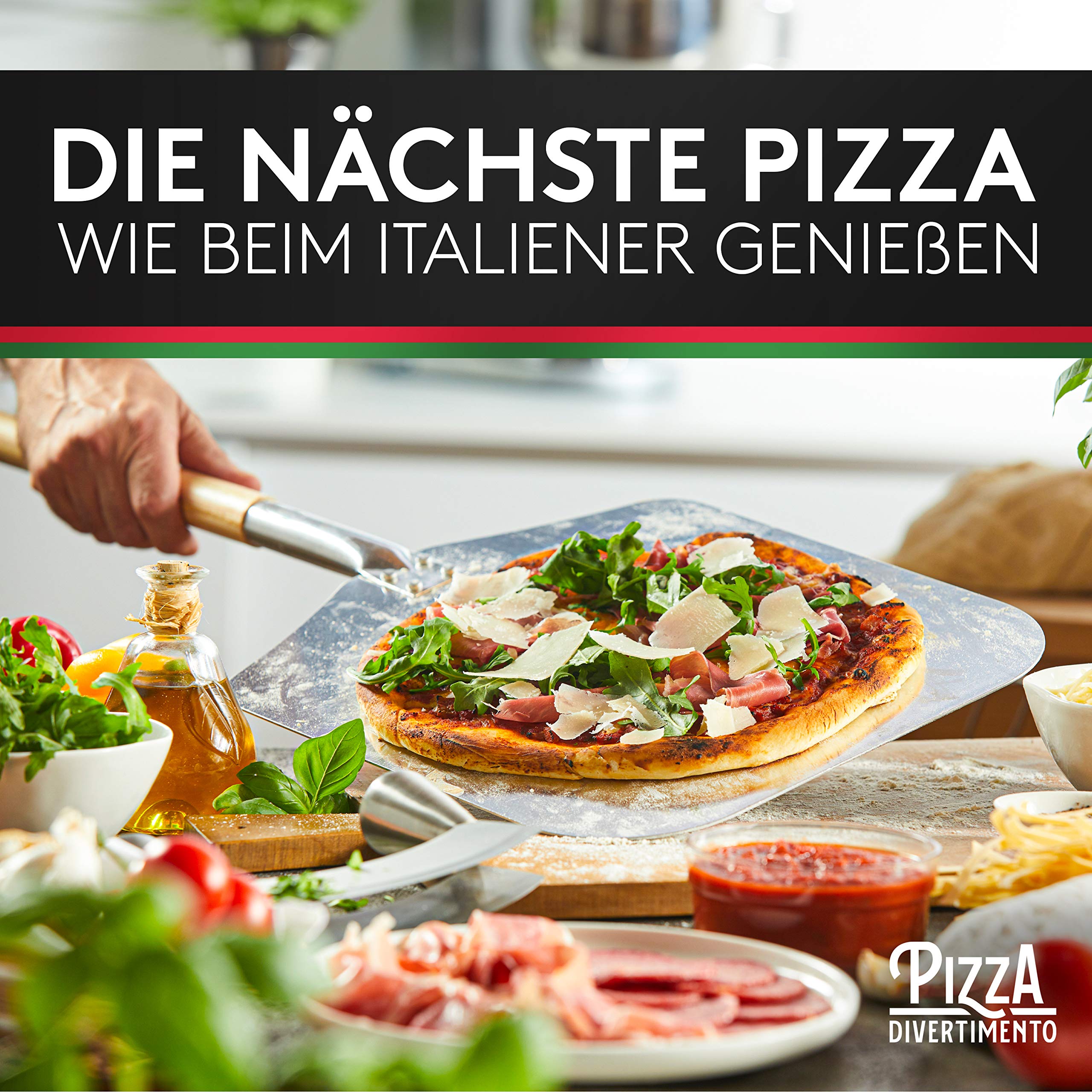 Pizza Divertimento [DAS ORIGINAL - Pizzaschieber - Pizzaschaufel aus rostfreiem Aluminium [83 cm]- Robustes Gewinde - Pizzaheber mit abgerundeten Kanten - Inkl. e-Rezeptbuch