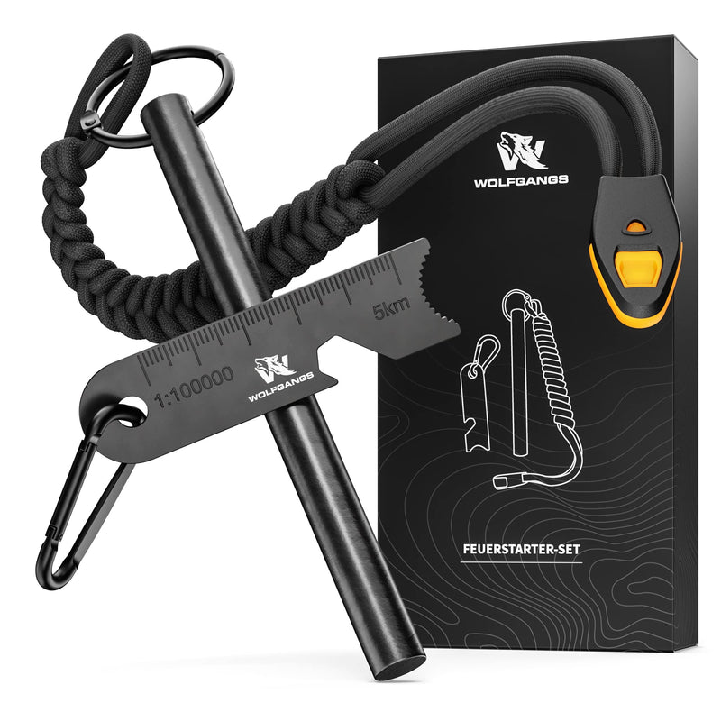 WOLFGANGS Feuerstahl Outdoor XXL - Feuerstein Survival mit extra starkem Paracord - Outdoor Feuerstarter Survival - Outdoor Firestarter extrem langlebig - Starker Funkenflug Feuer bei jedem Wetter