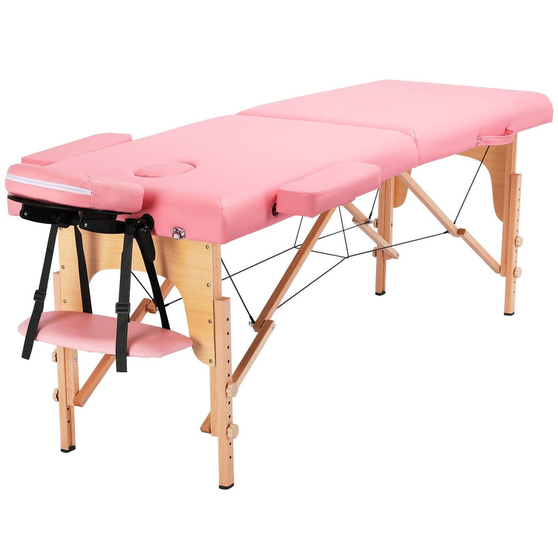 Yaheetech Massageliege Mobile Massagetisch mit Holzfüßen 2 Zonen Tragebares Massagebett inkl. Kopfstütze & Armlehnen Höhenverstellbar 60cm Breit bis 250 kg Belastbar, Hellrosa