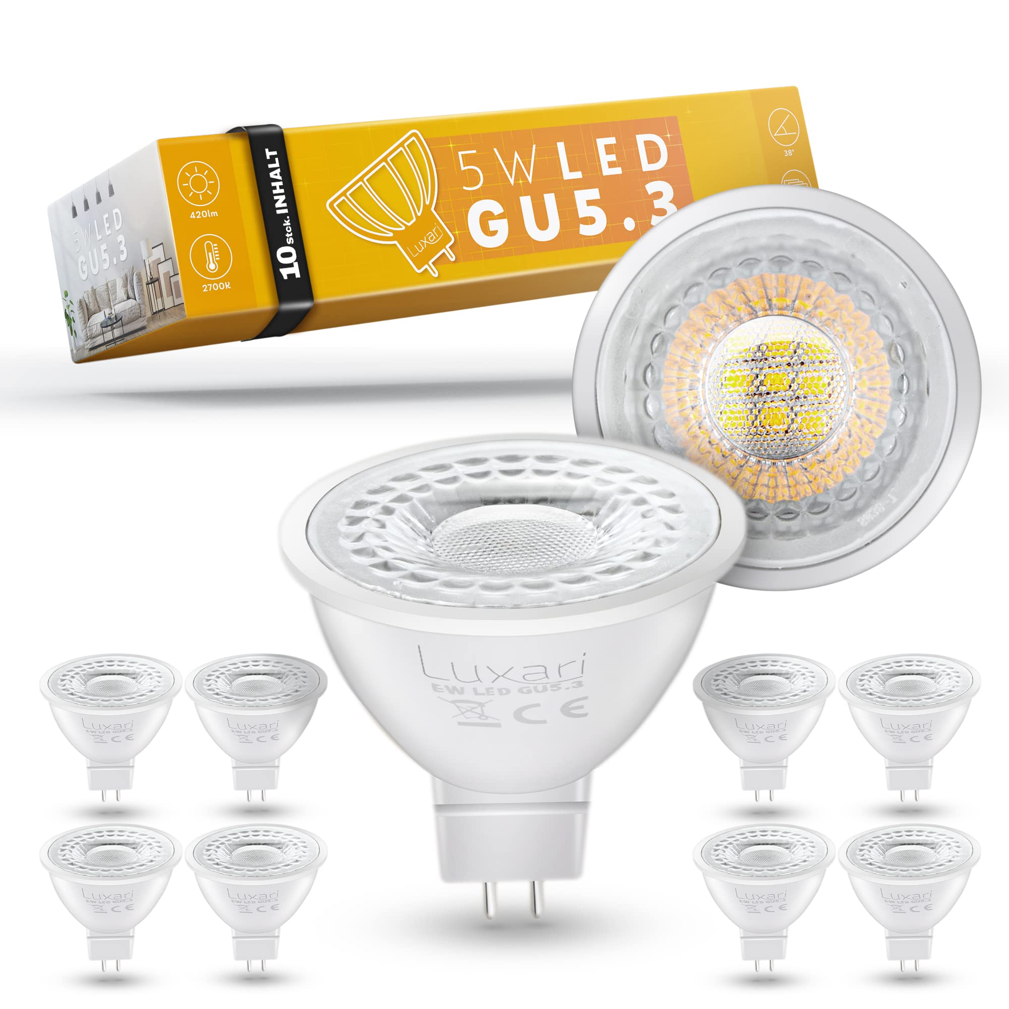 Luxari GU5.3 LED Lampe [10x] − MR16 LED − Entspricht 50W Halogenlampe − LED Leuchtmittel 5W 420lm − GU 5.3 LED Spot mit 2700K warmweiß - 12V LED - LED Spot 12V