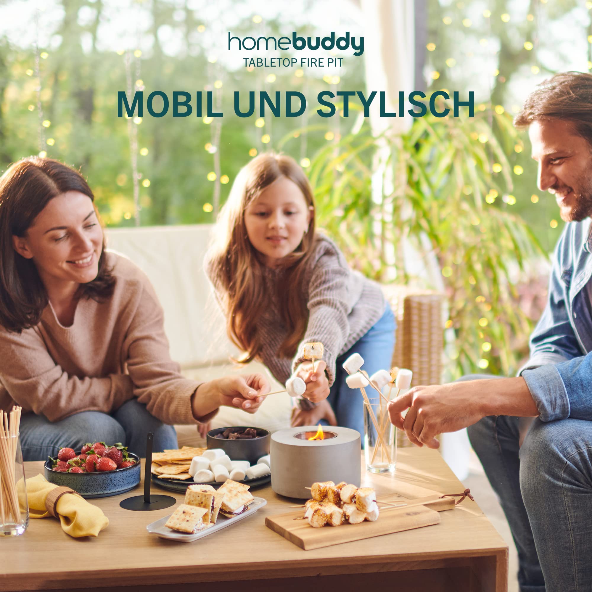 Homebuddy Tisch Feuerstelle - Bioethanol Tischkamin - Tragbares Tischfeuer, Lang Brennend & Rauchfrei - Tischkamin Tischfeuer Outdoor & Tischkamin Indoor & 50 Holzspieße - Mit Stilvollem Feuerlöscher