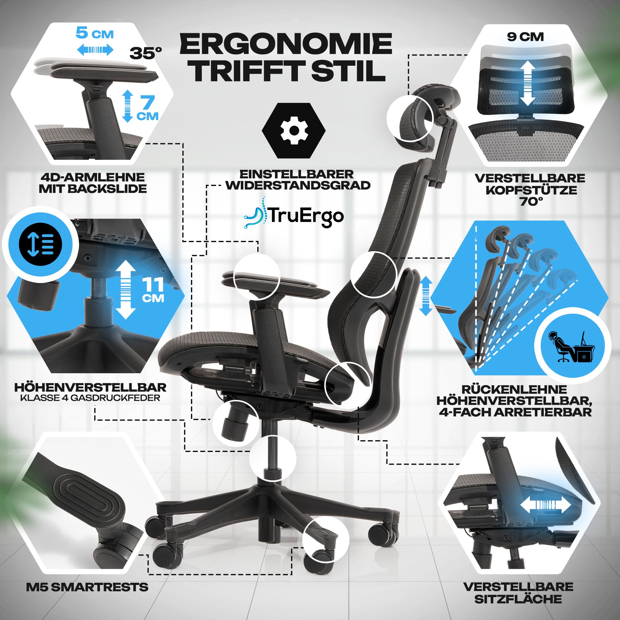 VALKENSTOL M5 Bürostuhl Ergonomisch - Höhenverstellbare Rückenlehne, Mesh-Sitz - Ergonomischer Bürostuhl Schreibtischstuhl Office Chair Bürostühle