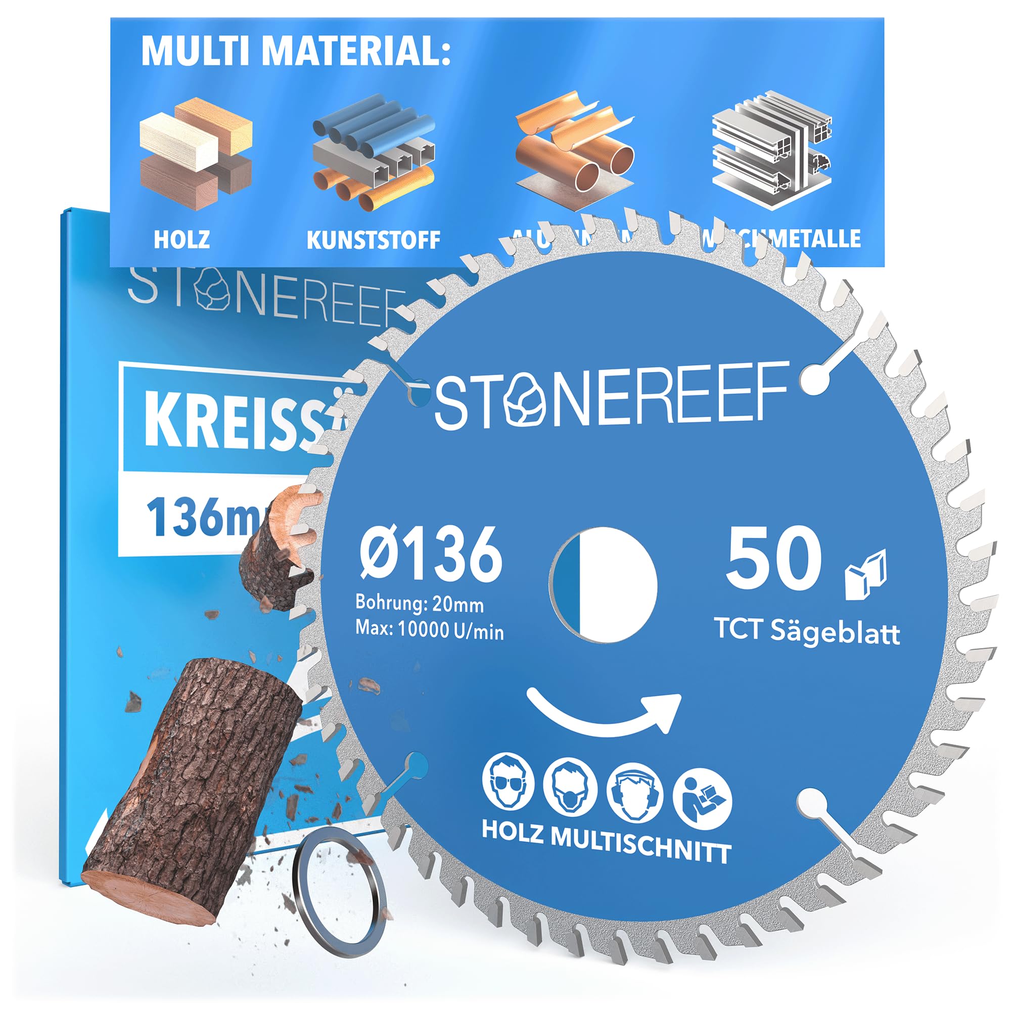 STONE REEF Sägeblatt 136x20 - Kreissägeblatt [inkl. Adapter auf Bohrung 16mm], kompatibel mit Tauchsäge & Kreissäge von Bosch, Makita usw. - Sägeblatt Kreissäge Nagelfest, ideal für Holz, Metall & Alu