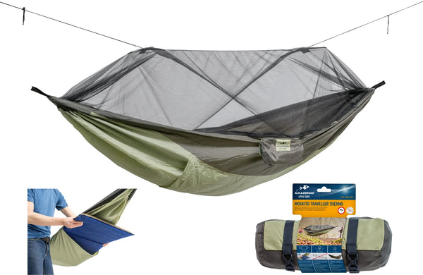 AMAZONAS Ultra-Light Moskito Traveller Thermo Hängematte mit Moskitonetz – Nylon-Ripstop, atmungsaktiv, für Camping, Trekking und Backpacking, Isomatten-kompatibel, mit integriertem Stoffbeutel