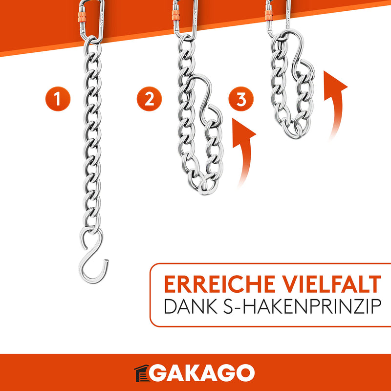 Gakago Verlängerungskette als Hängesessel Kette, Schaukel Verlängerung, Boxsack Halterung - Extra Starke Stahlkette mit S-Haken und Karabiner - Flexible Aufhängung auch für Draußen