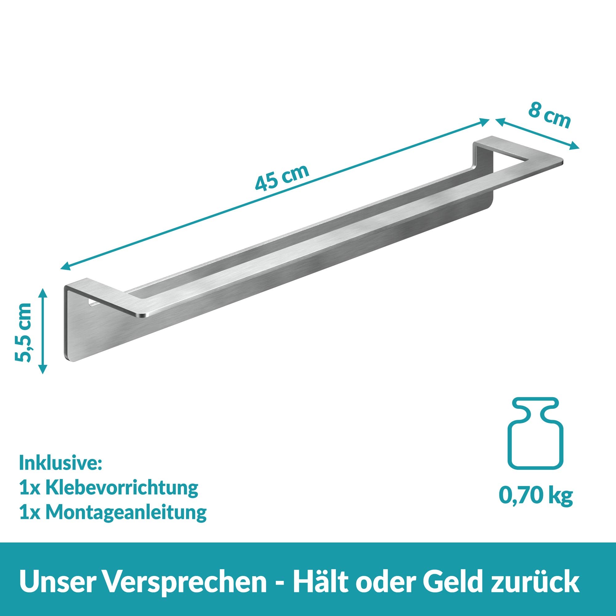 WEISSENSTEIN Handtuchhalter Ohne Bohren - 45cm - Handtuchstange aus Edelstahl fürs Bad - Selbstklebend