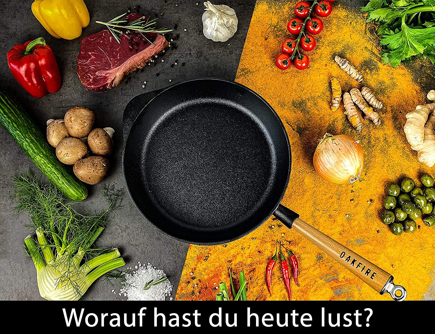 Oakfire Bratpfanne Gusseisen 28 cm Induktion Pfanne gusseisern Schmorpfanne mit Non-Stick Patina (Pfanne)