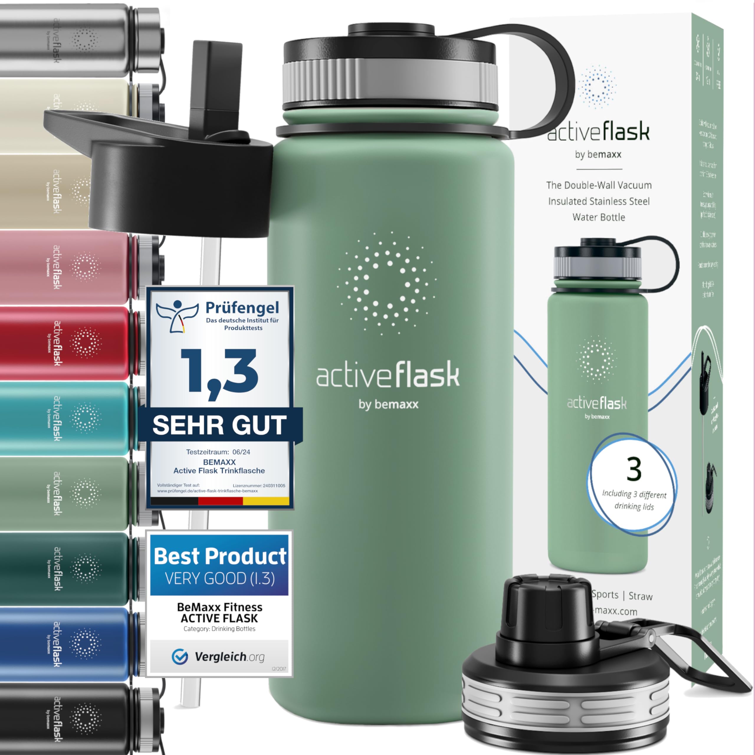 Trinkflasche Edelstahl ACTIVE FLASK + Strohhalm (3 Deckel) BPA-frei, Auslaufsicher, Kohlensäure geeignet - Wasserflasche Fahrrad Thermosflasche Isoliert Isolierflasche Sport Wasser Flasche Kinder Tee