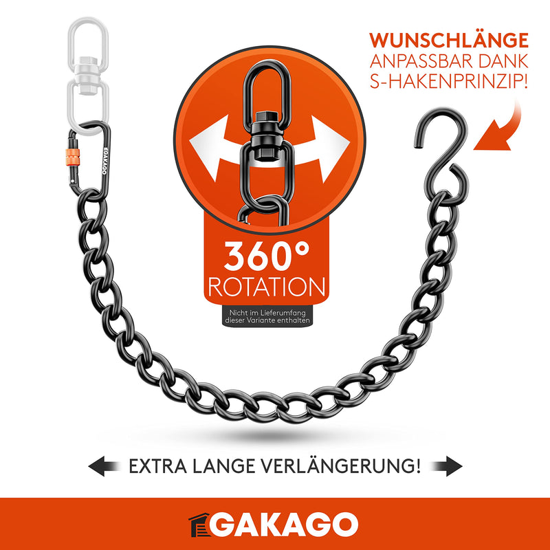 Gakago Verlängerungskette als Hängesessel Kette, Schaukel Verlängerung, Boxsack Halterung - Extra Starke Stahlkette mit S-Haken und Karabiner - Flexible Aufhängung auch für Draußen