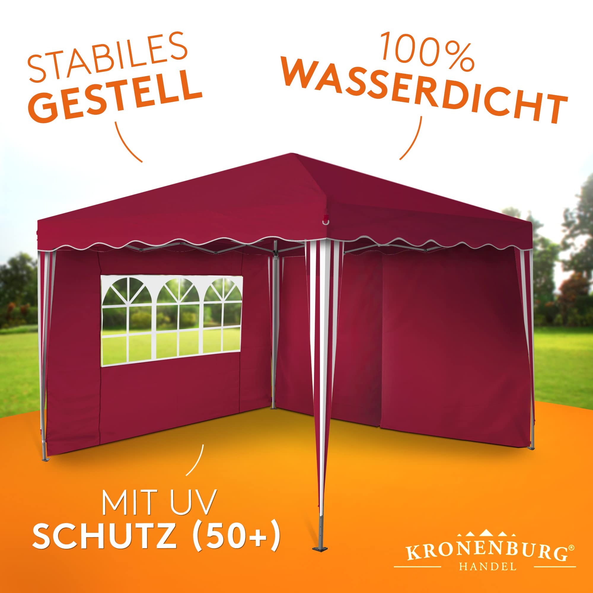 Kronenburg Faltpavillon wasserdicht Dachmaß 3 x 3 m UV Schutz 50+ Pavillon in Rot mit 2 Seitenteilen