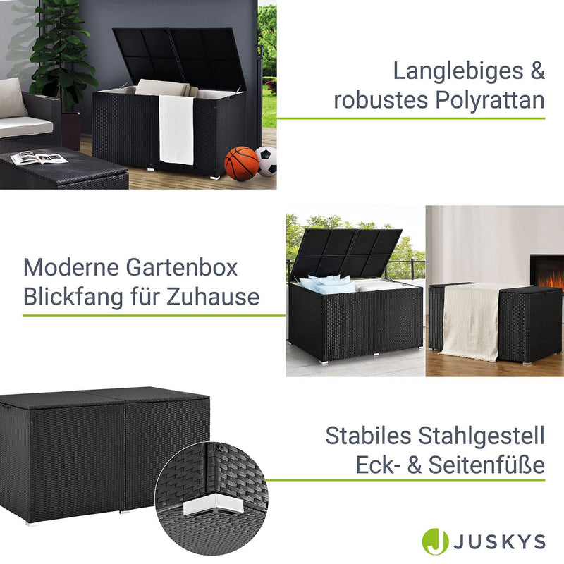 Juskys Polyrattan Auflagenbox Ikaria 950 L mit Deckel mit Hubautomatik & Innenplane — Kissenbox 145 x 82 x 79 cm für Garten — Gartenbox schwarz