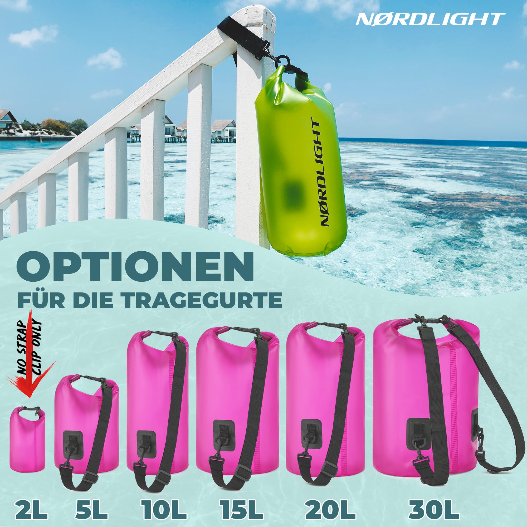 Nordlight Dry Bag 2L Wasserdichter Beutel - (Pink) Wasserdichter Packsack Mit Roll Top Verschluss Und Schultergurt | Schwimmen, Baden, Strand, Kanu, Stand Up Paddling, Tauchen