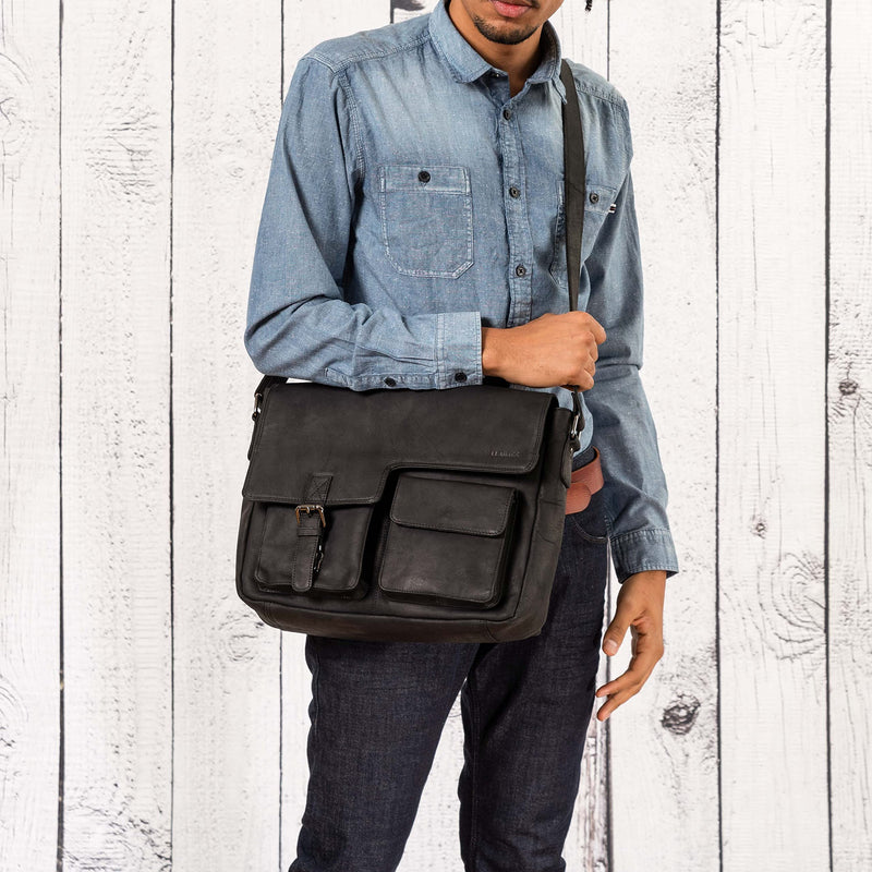 LEABAGS Leder Aktentasche Herren & Damen I Echtleder Laptoptasche bis 13 Zoll I Umhängetasche mit Schultergurt I Schultertasche I Messenger Bag I Arbeitstasche I Lehrertasche I Nature Schwarz