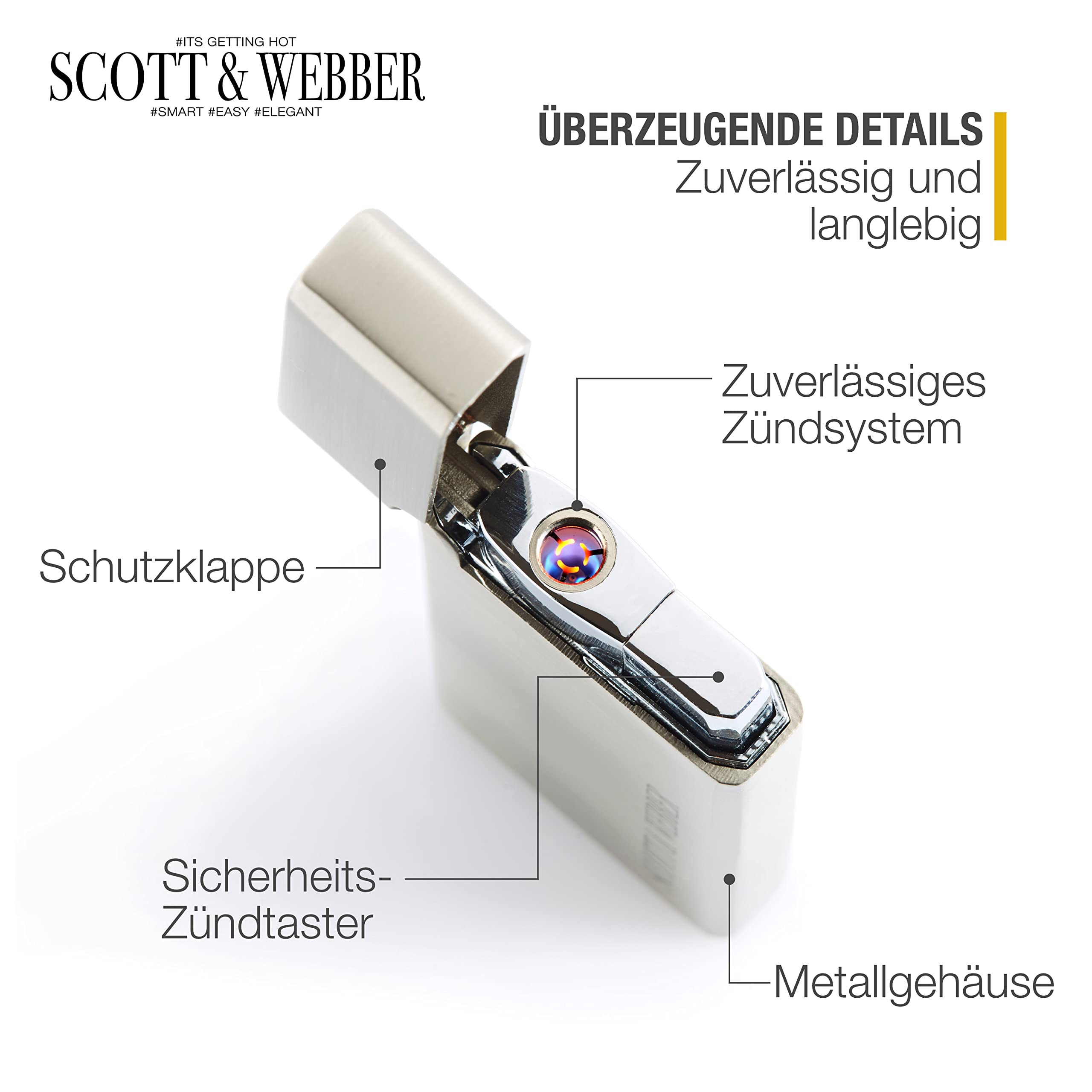 Scott & Webber® - Sturmfeuerzeug mit Jetflamme - Nachfüllbares Feuerzeug aus Metall einstellbar bis 1300°C - Inkl. edler Metallbox (Silber Square)