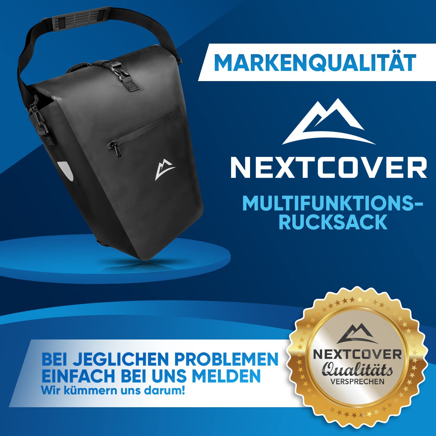 Nextcover® NEU Multifunktionale Fahrradtasche für Gepäckträger [27L] I Gepäckträgertasche für Fahrrad 100% Wasserdicht I Fahrrad Tasche mit Reflektoren inkl. abnehmbarem Schultergurt & Tragegriff