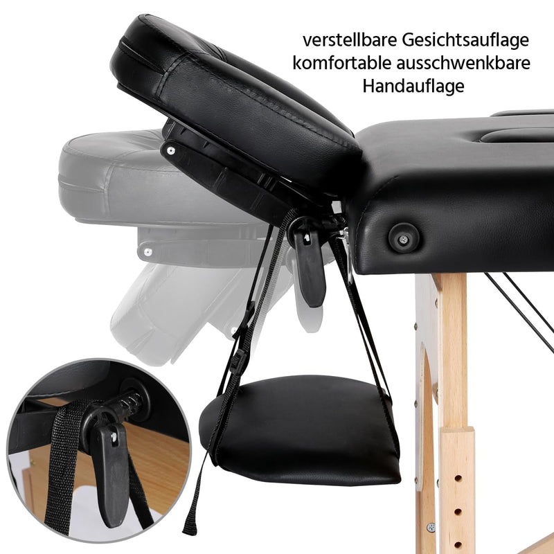 Yaheetech 3-Zonen Massageliege Tragbare Massagebank Höhenverstellbarer Massagetisch mit Kopfstütze und Abnehmbare Armlehnen für Physiotherapie, Schwarz