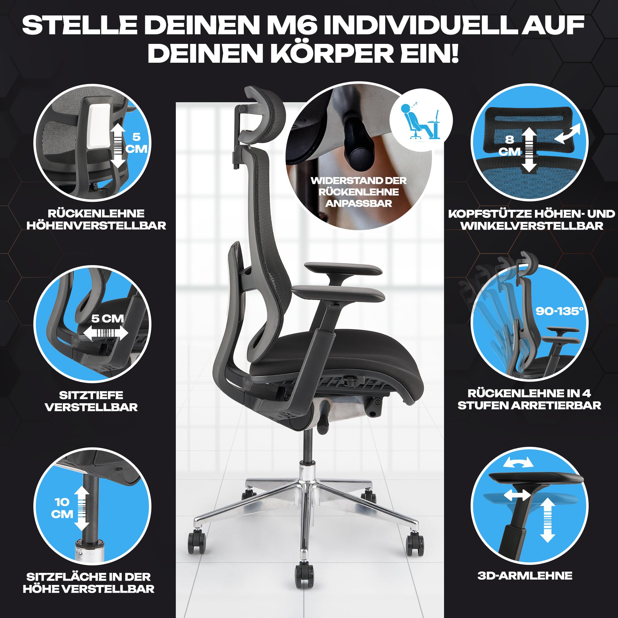 VALKENSTOL M6 Bürostuhl Ergonomisch - Auch Grosse Menschen Polster-Sitz - Ergonomischer Bürostuhl Chefsessel Bürostuhl Schreibtischstuhl Office Chair