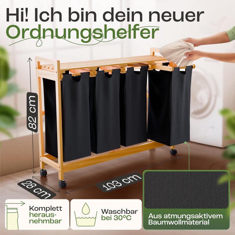 AMBIAVO® Wäschekorb 4 Fächer schwarz mit Rollen [Wäschesäcke aus Baumwolle] - Wäschesammler für Schmutzwäsche | Wäsche Sortiersystem | Wäschesortierer Holz | Wäschebox | Wäschekorb mit Ablage