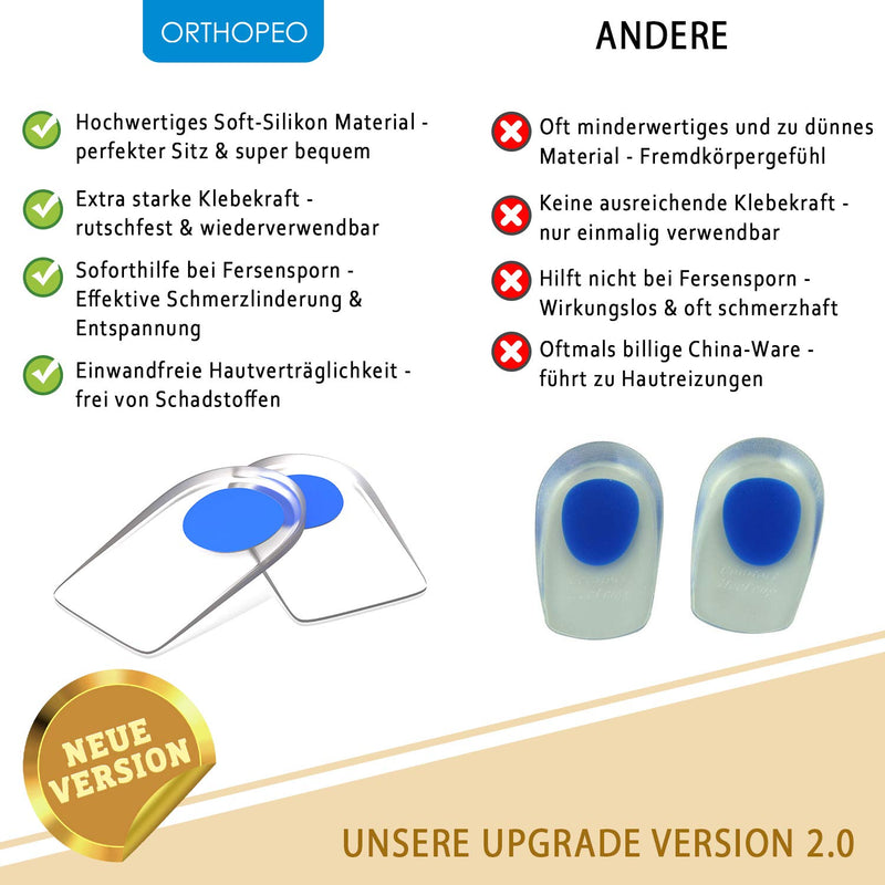 ORTHOPEO Premium Fersensporn Einlagen I Fersenpolster I Fersenkissen für Schuhe I Gel Silikon Einlagen Fersensporn Herren I 2 Paar Geleinlagen für die Ferse I Orthopädische Gelkissen I L10.8 cm B 7 cm