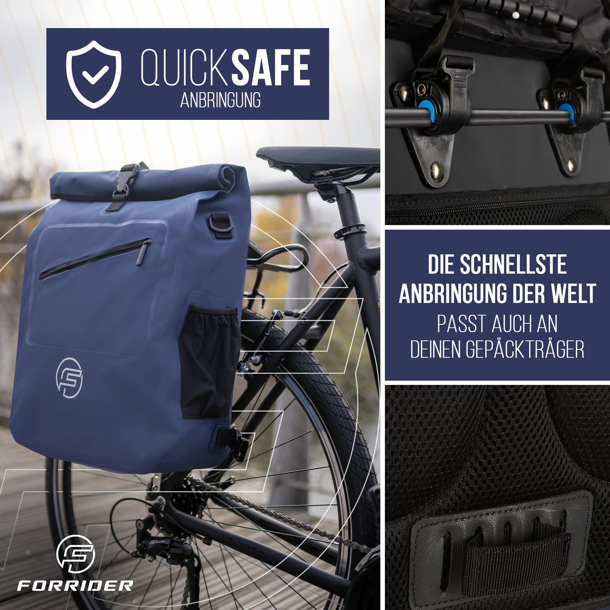 Forrider 3in1 Fahrradtasche für Gepäckträger mit Rucksack Wasserdicht 27L I Gepäckträgertasche Reflektierend I Sattel Tasche fürs Fahrrad (Blue)