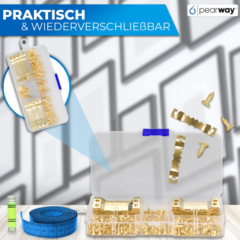 PEARWAY™ Profi Bildaufhänger Set [100 Stück] inkl. Maßband & Wasserwaage I Stabile Zackenaufhänger für Maximalen Halt I Bilderhaken - Ideal für Leinwände & Holzrahmen I Aufhänger für Bilder