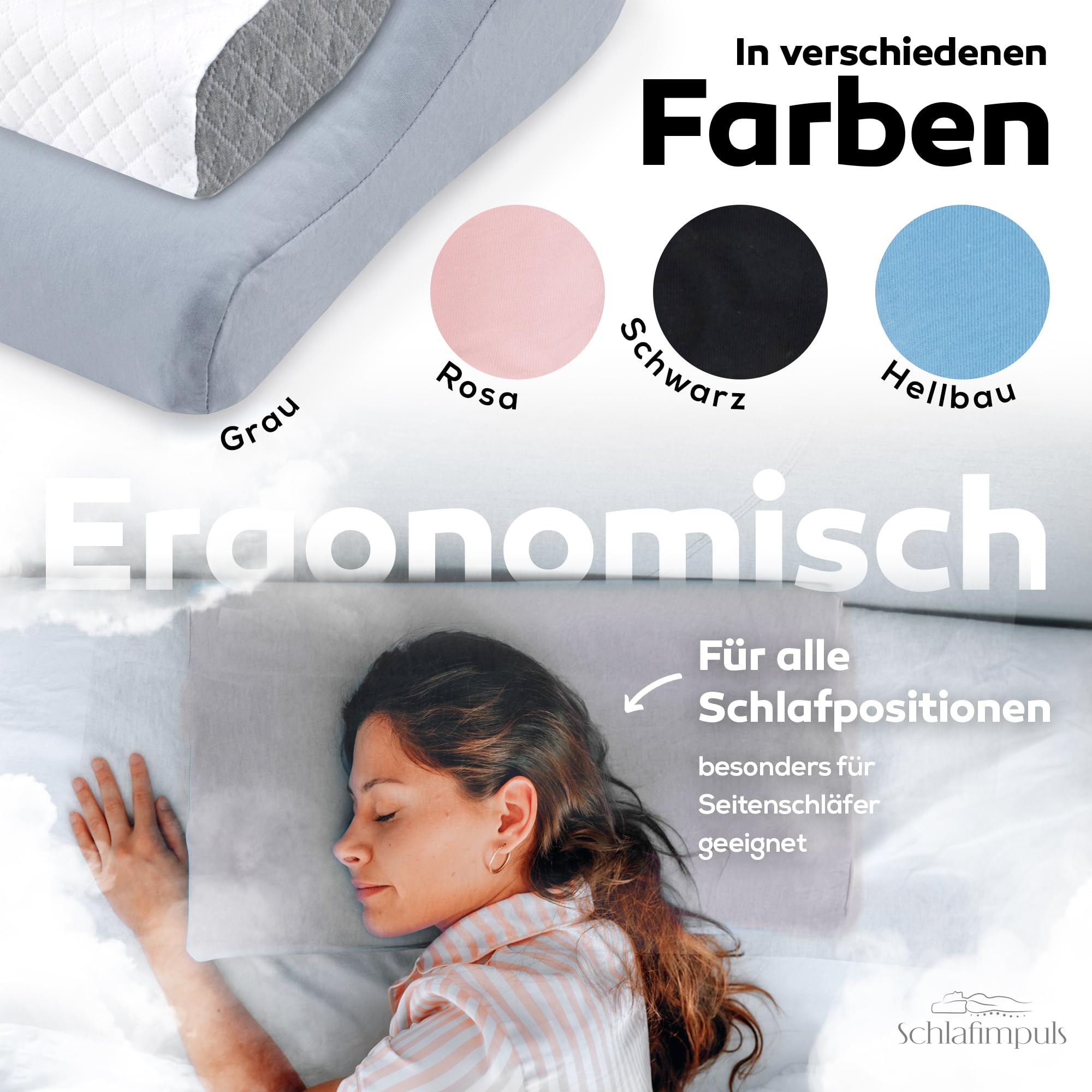 Schlafimpuls Ergonomisches Kopfkissen Nackenstützkissen | Orthopädisches Kopfkissen & Nackenkissen [Memory Foam] Seitenschläfer - mit extra Bezug - Farbe wählbar (Grau)