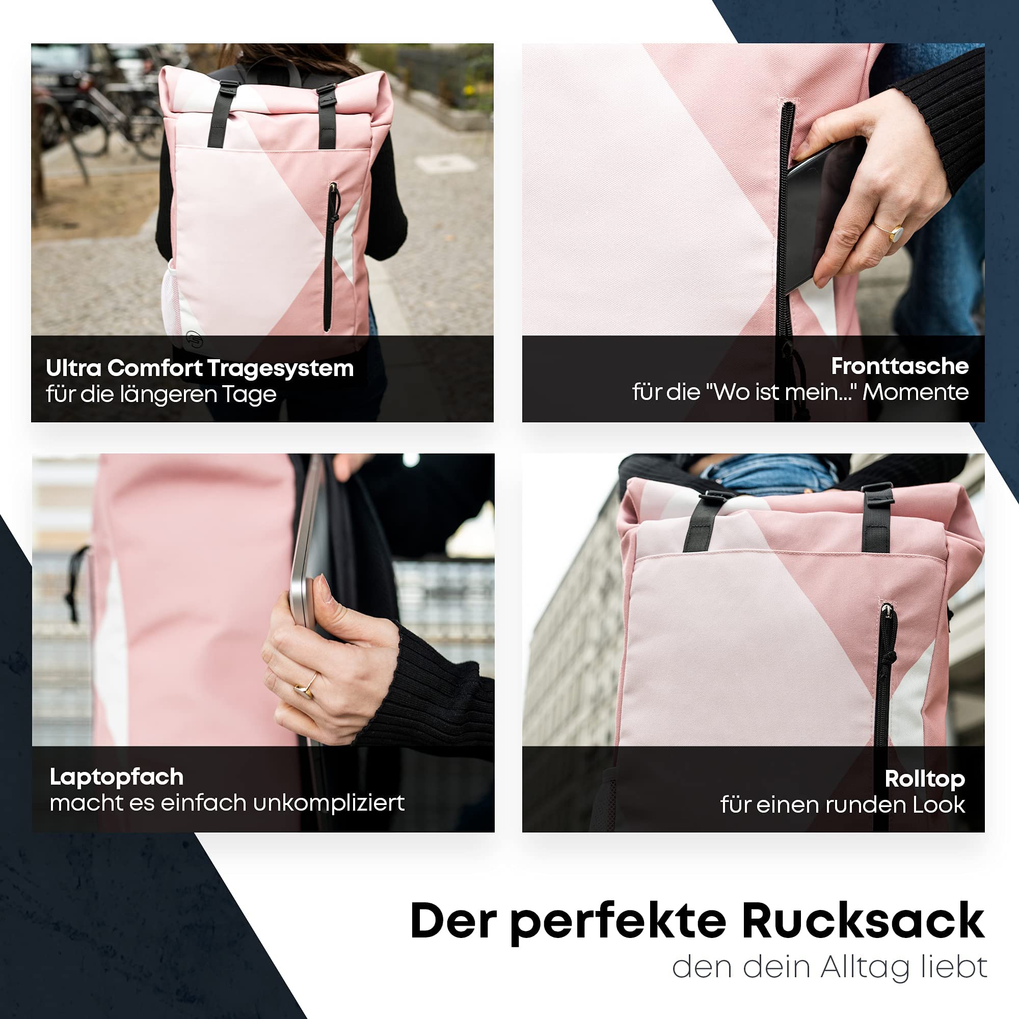 Forrider Rolltop Rucksack - Der Rucksack, der kann was du willst, Verstecktes Laptopfach | für Uni, Sport, Arbeit oder Freizeit, Navy, 30L