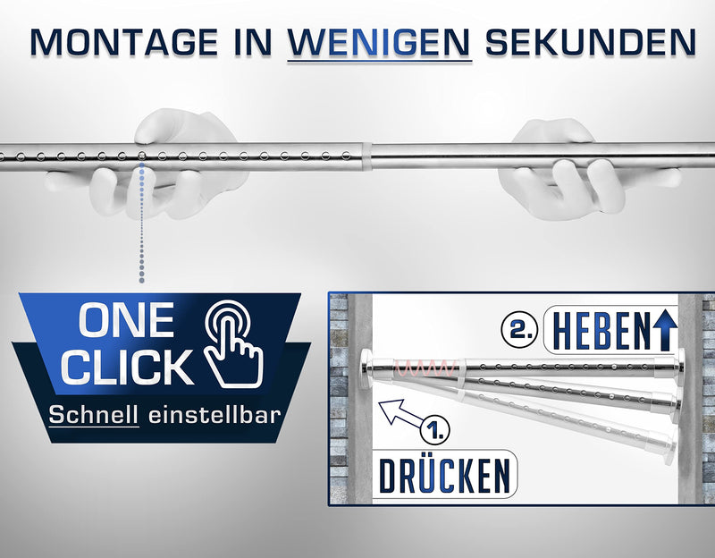 MEISENBERG Rostfreie Edelstahl Teleskopstange ohne Bohren 260-310cm, Ø25mm Multifunktionale Gardinenstange Klemmbar - Vorhangstange, Spannstange Ausziehbar - für ihre Gardinen, Trennwand und Balkon