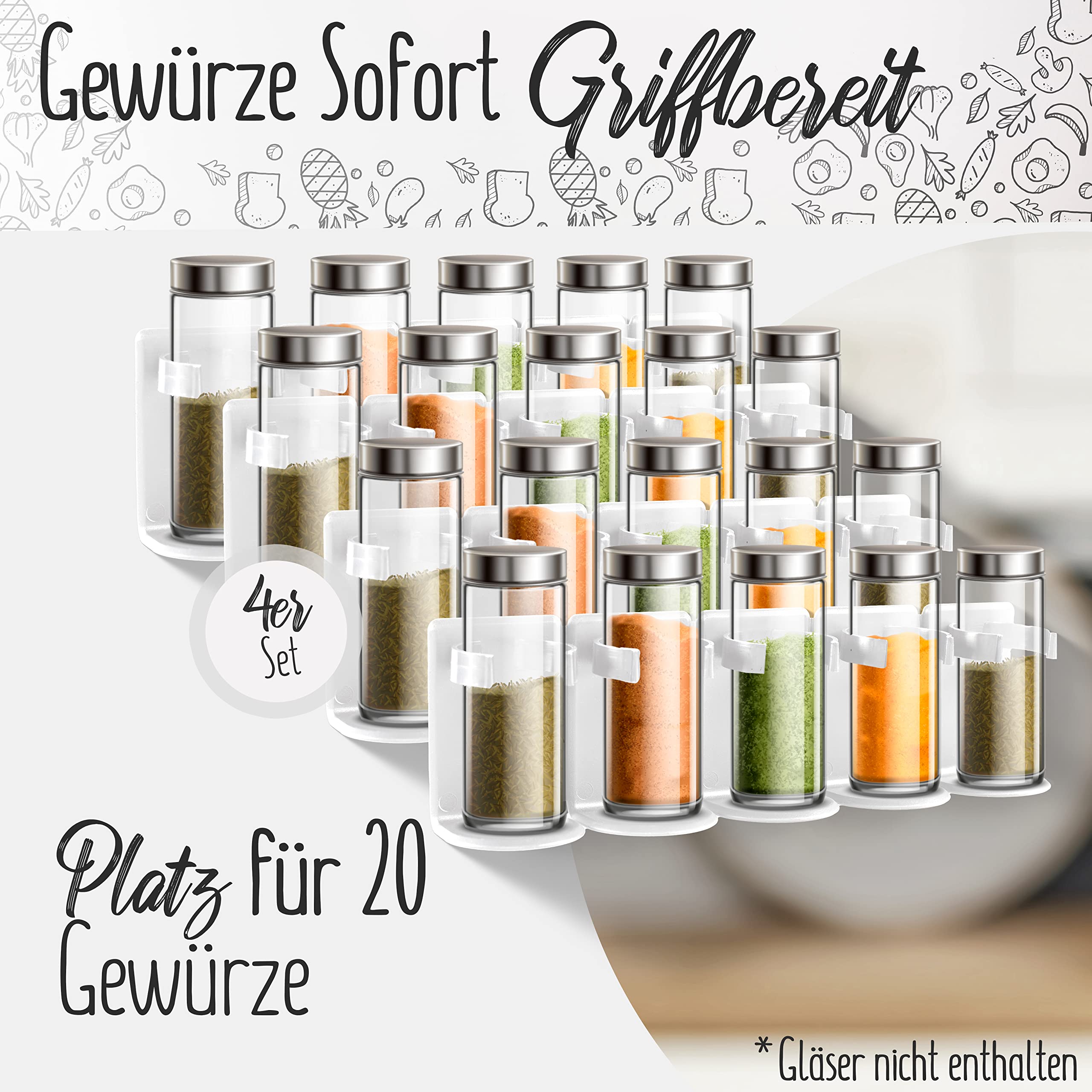 LOBUX® - Gewürzregal ohne bohren [Platz für 20 Gewürze] - Küchenschrank Gewürzhalter selbstklebend - Ideal für Küche, Wand, Schranktür, Wohnmobil (ohne Gläser, weiß)