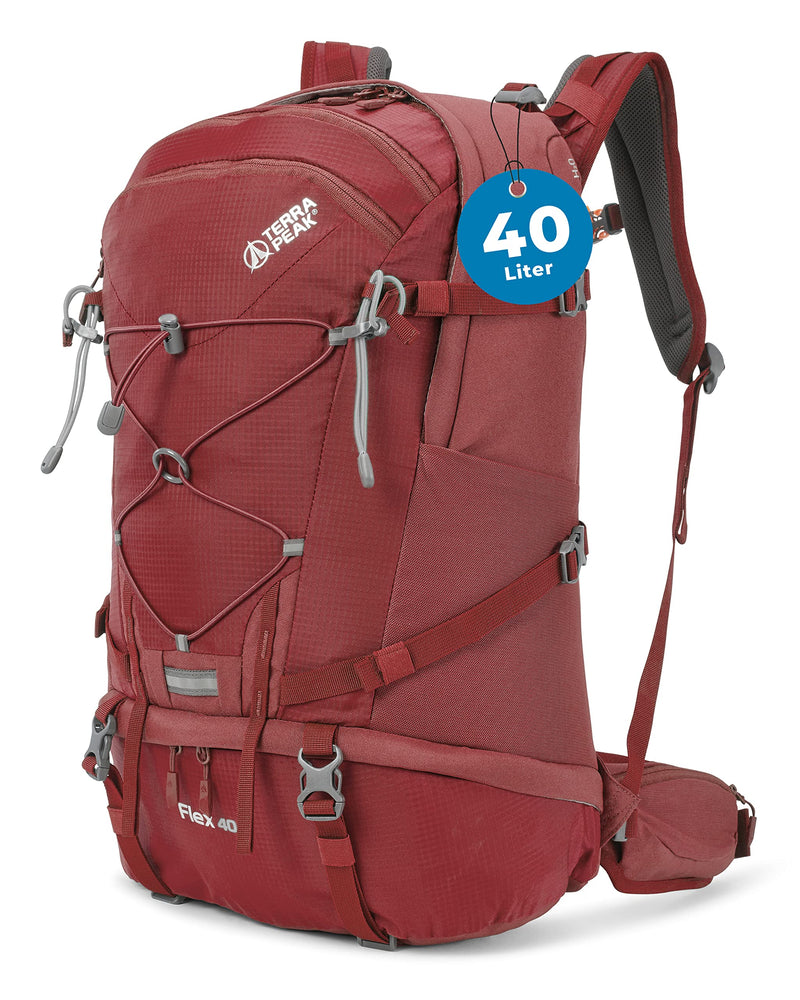 Terra Peak Wanderrucksack 40L Herren Damen Flex 40 rot - Outdoor Tages-rucksack zum wandern - Daypack leicht wasserdicht Sport-aktivitäten - ergonomischer Rucksack mit abnehmbarem Hüftgurt Erwachsene