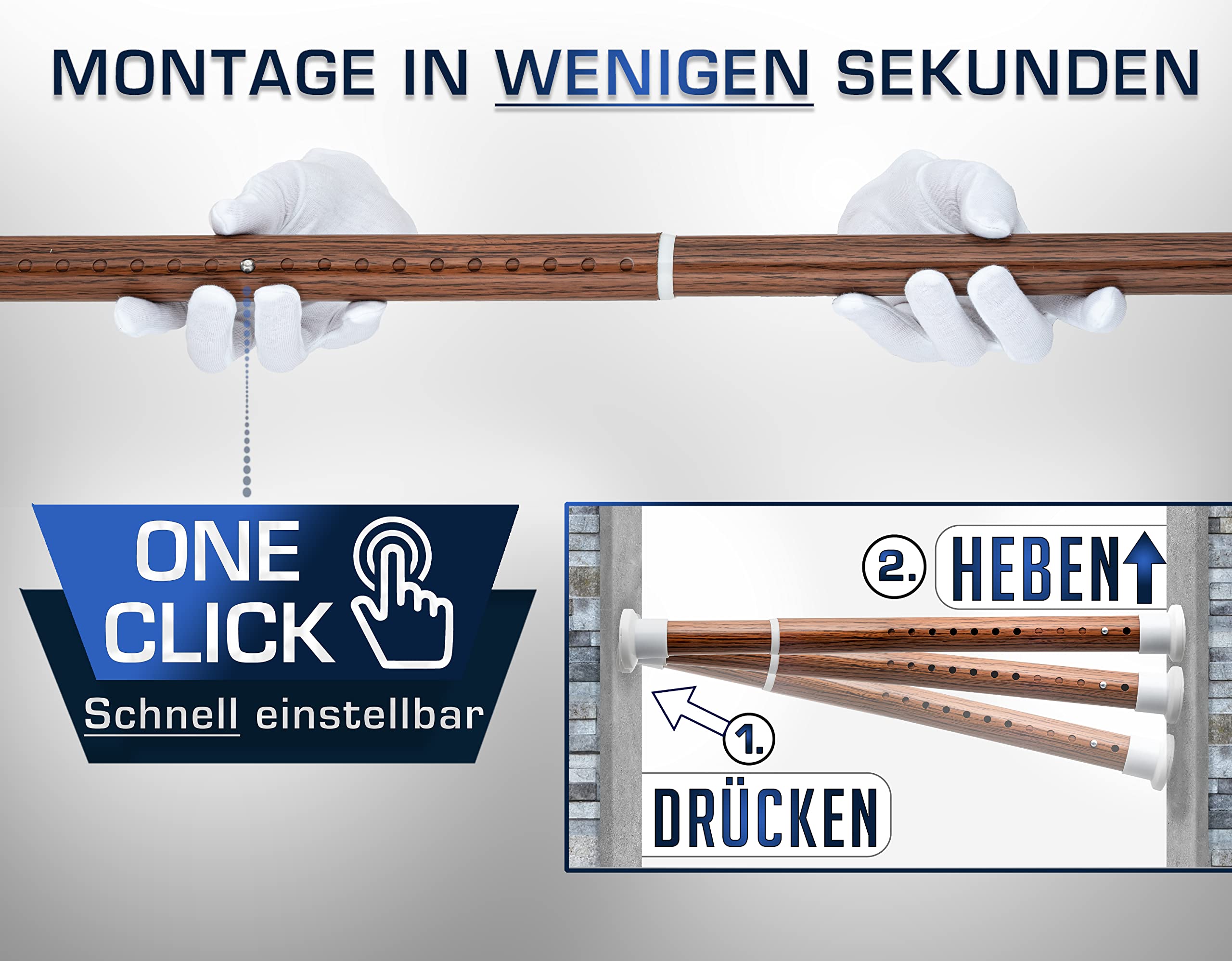 MEISENBERG Gardinenstange ohne Bohren 360-410cm, Ø32mm Holzoptik Multifunktionale Vorhangstange zum Einklemmen - Ausziehbare Teleskopstange, Klemmstange - auch für Trennwand anwendbar