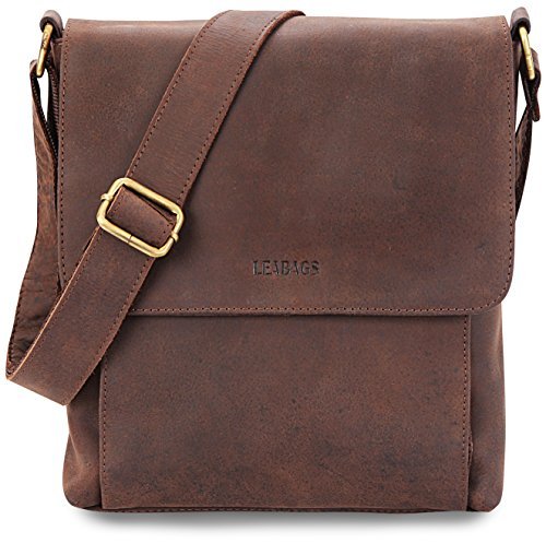 LEABAGS Leder Umhängetasche Herren & Damen I Messenger Bag mit Schultergurt I Schultertasche I Arbeitstasche I Tragetasche I Handtasche I Echtleder Tasche I Nature Dunkelbraun