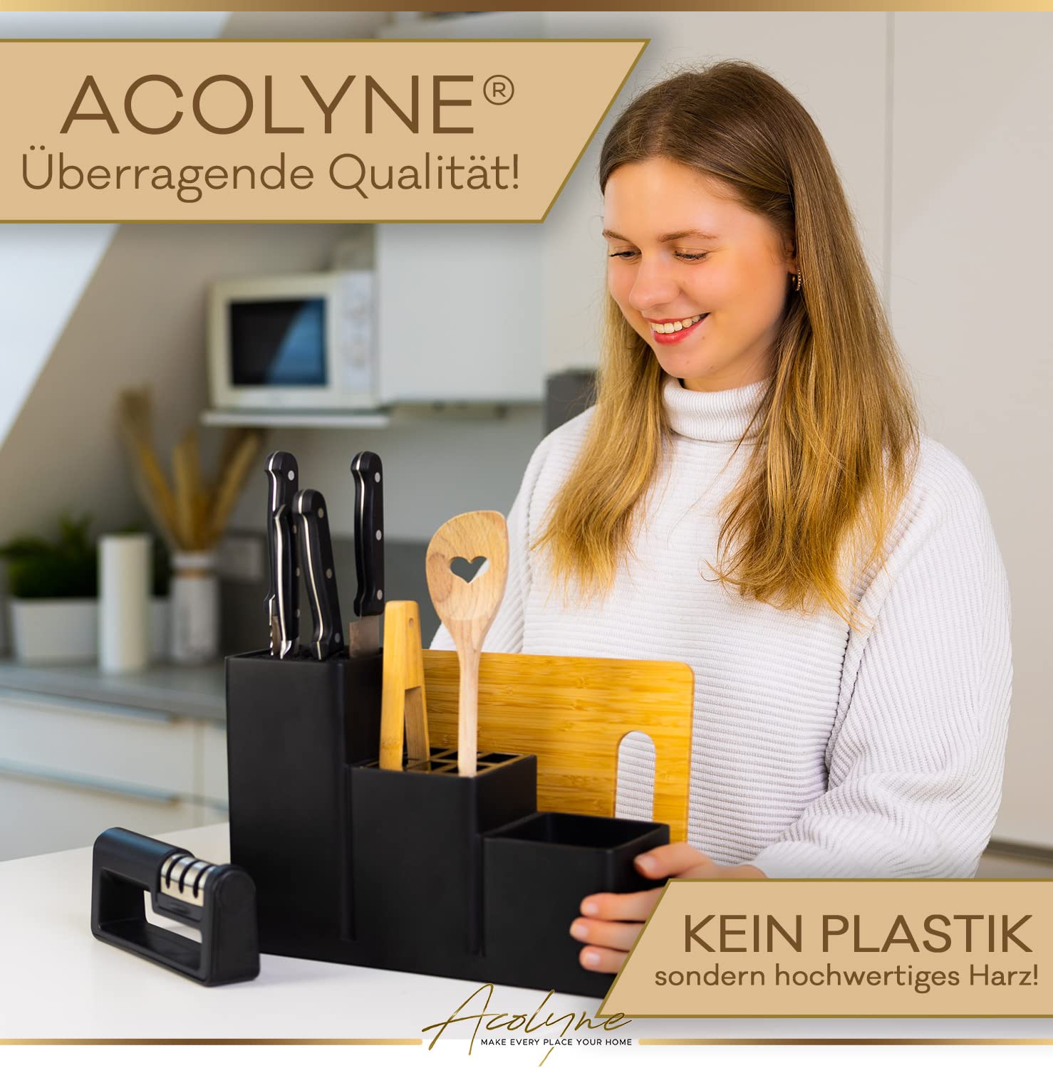 Acolyne Premium Messerblock unbestück aus [Hochwertigem Harz] inkl. Schneidebrett & Messerschärfer geeignet als Küchenorganizer | Messerhalter | Küchenutensilienhalter | Küchenhelfer - Rebolet.Shop